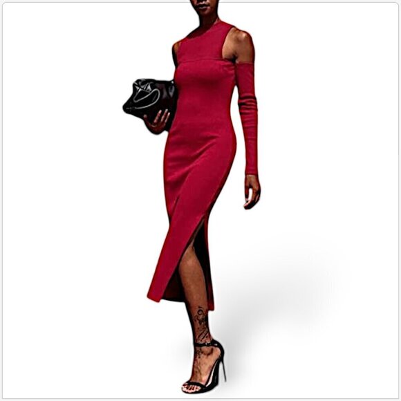The Drop Rhubarb Red Cutout Shoulder Midi Rib Dress by @ signedblake NWT NEW XXL - Picture 1 of 7